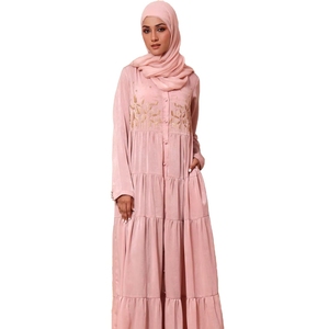 Pink Embroidered Cotton Abaya Long Sleeve Floor Length Modest Dress For Women Middle East Style Daily Wear - Product Image 1