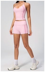 2026 Pink Seamless Yoga Set <b>Crop</b> <b>Top</b> High Waist Shorts Halter Neck Contrast Stitch Breathable Spandex Polyester 2 Piece - Product Image 4