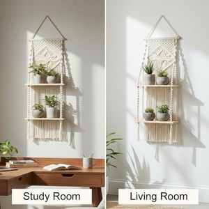 Décoration murale en macramé en bois de bambou avec tissage en lin |   Décoration d'intérieur éco-luxe en gros - Product Image 4