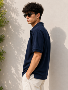 Polo homme bleu marine de qualité supérieure, col rabattu, manches courtes, couleur unie, t-shirt décontracté en coton, coupe ample, vêtements pour homme - Product Image 3