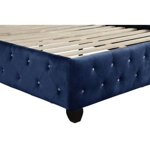 Letto matrimoniale moderno in velluto blu con trapuntatura a cristallo e struttura in legno, mobili imbottiti contemporanei - Product Image 4