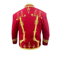 Chaqueta de Verano para Hombre, Estampada en Rojo, Estilo Hussar, con Bordado Dorado en la Parte Delantera, Cuello Alto, Ajustada, Manga Larga, 100% Poliéster