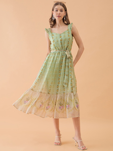 Best Lime Green Floral Print Fit & Flare <b>Dress</b> for Wedding Party Evening Formal Occasion Usage Available at Affordable Price - Product Image 5