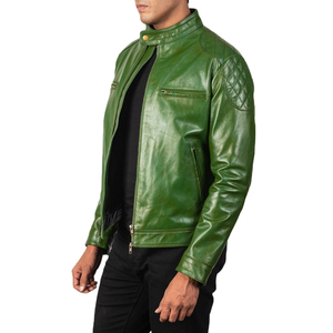 Veste moto en cuir véritable vert pour homme, col montant, fermeture éclair, coupe ajustée, longueur normale, pour l'automne - Product Image 2