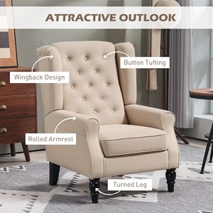 Poltrona Beige con Schienale Alto e Bottoni, Braccioli Rotondi, Gambe in Legno, Design Confortevole per Soggiorno - Product Image 4