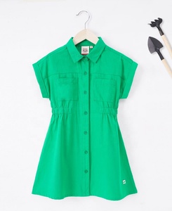 Robe chemise trapèze verte pour filles avec col rabattu boutonné, manches courtes, poches, style décontracté printemps, mini-robe - Product Image 2