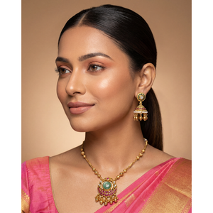 Indian Ethnic Swati Heritage Delicate Gold-Plated Steel Necklace & Earring Set for Bridal - Product Image 1