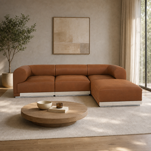 Sofá Seccional Moderno en Forma de L de Cuero Genuino con Brazos Enrollados para Sala de Estar - Product Image 1