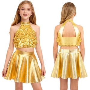 ชุดเต้นรำสำหรับเด็กผู้หญิงอายุ 6-16 ปี แฟชั่นชุดเต้นลีริคอล ชุดแสดงเต้นรำ เสื้อครอปท็อปพร้อมกระโปรงเมทัลลิก สำหรับฝึกซ้อมเต้นบอลรูม - Product Image 5