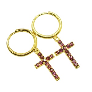 Nouvelles boucles d'oreilles créoles en argent sterling 925 massif plaqué or avec strass rouge, motif religieux, bijoux fins pour femmes - Product Image 1