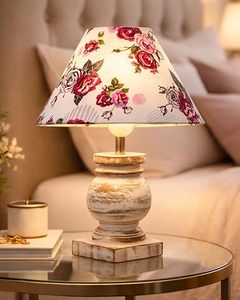 Floral Printed Fabric <b>Table</b> Lamp with <b>Rustic</b> Wooden Base Tabletop Flower Shape <b>Bedside</b> Desk Light Warm Home Decor - Product Image 4
