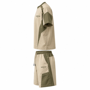 Conjunto de Camiseta y Pantalones Cortos Cargo para Hombre, Color Beige Oliva, Estilo Urbano, Ropa de Calle, Mezcla de Algodón, Atuendo de Verano, Marca Privada - Product Image 3