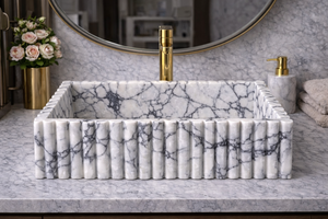Lavabo de Mármol Calacatta Blanco de Lujo, Diseño Acanalado, Lavabo de Piedra para Baño, Lavabo de Encimera de Mármol Hecho a Mano - Product Image 6