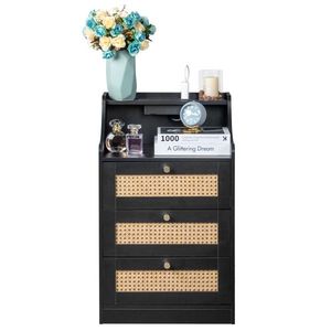 Comodino in Truciolato Nero con Maniglia Dorata Affusolata 45*35*73cm, Tre Cassetti in Rattan, Comodini con Scomparti - Product Image 4