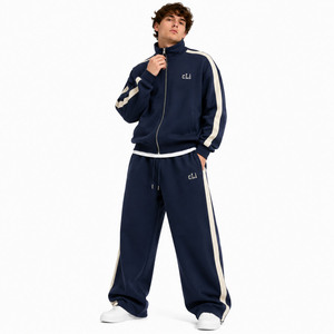 Vêtements de sport haut de gamme pour hommes : Veste zippée oversize, sweats à capuche à rayures personnalisées, ensembles en coton épais, joggers à jambe large, style vintage - Product Image 4