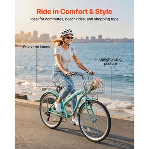 Vélo de plage pour femmes de 26 pouces, 7 vitesses, vélo de ville pour adultes avec cadre en acier au carbone, capacité de 330 lb, panier et porte-bagages arrière - Product Image 2