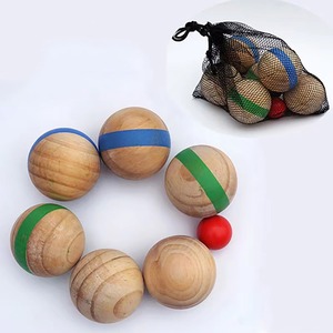 Juego de bochas de madera con rayas de colores y pallino rojo en bolsa de malla, juego duradero para jugar al aire libre, juguetes educativos - Product Image 1