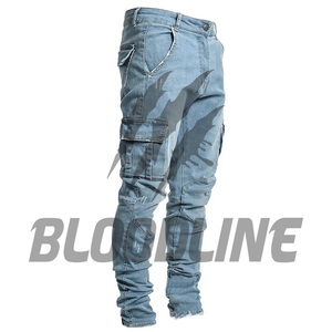 Pantalones Cargo de Mezclilla Lavada a la Piedra para Hombre BLOODLINE, Corte Slim Fit, Cintura Media, Color Sólido, Estilo Utilitario, Jeans de Algodón para Otoño, Calidad Premium - Product Image 4