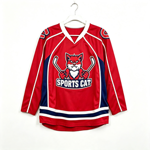 Maillot de hockey sur glace rouge personnalisé, col en V, manches longues, maille respirante, nom et numéro de l'équipe, unisexe, adulte, 100% polyester, respectueux de l'environnement - Product Image 5