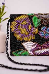Bolso Rectangular Bordado Floral de Algodón y Poliéster Hecho a Mano con Cremallera, Diseño de Hojas Verdes y Flores Púrpuras para Fiestas y Viajes - Product Image 5