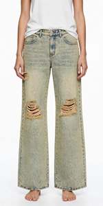 Vaqueros anchos de mujer estilo vintage lavado con doble rotura, tachuelas laterales y cadena de calavera, estilo streetwear Y2K, de mezclilla ecológica. - Product Image 5