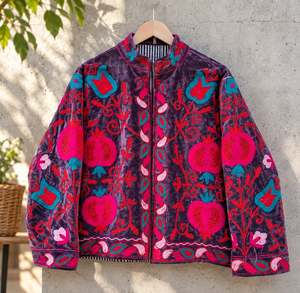 Blazer de Algodón Bordado para Mujer, Cuello Mandarín, Estampado Floral de Elefantes, Cierre de Cremallera Hecho a Mano, Ropa Exterior Casual de Primavera - Product Image 5