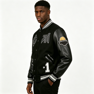 Blouson Bomber Oversize Homme Personnalisé en Mélange de Laine avec Broderies, Bordures Côtelées Rayées et Manches en Similicuir – Style Streetwear - Product Image 2