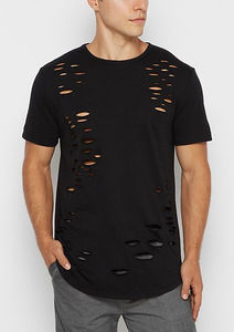 Camiseta de Manga Corta Negra para Hombre, Cuello Redondo, Corte Ajustado, Tejido de Punto, Color Sólido, Diseño con Dobladillo Desgastado - Product Image 4