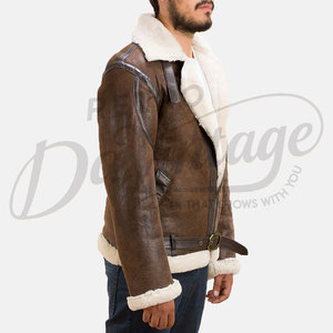 Veste aviateur en peau de mouton marron de qualité supérieure pour homme, doublée de fausse fourrure blanche, veste de pilote d'hiver avec ceinture à la taille - Product Image 2