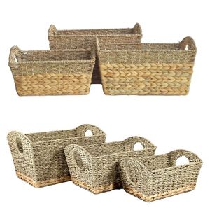 SWIRLED BELT Two-Tone <b>Rectangular</b> Seagrass & Water Hyacinth Storage <b>Basket</b> with Chunky Hyacinth Base Belt - Product Image 1