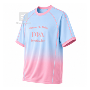 Maillot de football personnalisé Gamma Phi Delta à manches courtes avec logo sur le devant, dégradé bleu ciel et rose, en polyester respirant - Product Image 2