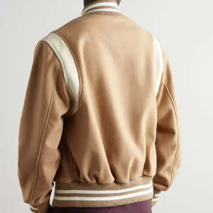 Men's Tan Eco-Friendly High Street Varsity Jacket Wool/Leather Blend Button Front Casual Winter Wear Regular Fit Solid Color - Product Image 2