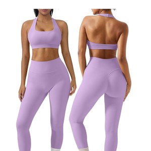 Scoop Neck <b>Plus</b> <b>Size</b> <b>Sports</b> <b>Bra</b> & High Waist Leggings Set Solid Pink Seamless Two-Piece Yoga Outfit Four-Way Stretch Front Logo - Product Image 6