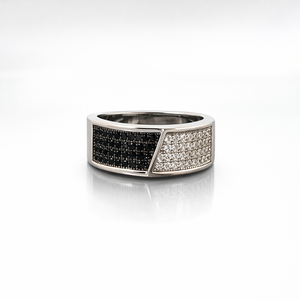 925 Sterling Silver Classic Black White Cubic Zirconia Pave Band <b>Ring</b> Men Luxury Geometric <b>Statement</b> Polished Finish Party Gift - Product Image 1