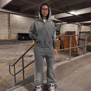 <b>Men</b>’s Acid Wash Tracksuit Oversized Zip Up Jacket Jogger Pants Vintage Streetwear Fashion Heavyweight Cotton Two Piece <b>Set</b> - Product Image 2