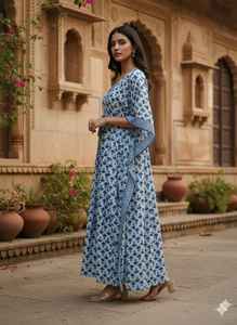 Caftán largo de algodón con estampado geométrico azul hecho a mano, vestido maxi, cubrebikini para mujer, ropa de playa, estilo bohemio, ropa étnica india. - Product Image 2