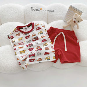 T-shirts en toile décontractés d'été de haute qualité à manches courtes, imprimés voiture, pour tout-petits garçons, ensembles en coton pour la maison - Product Image 3