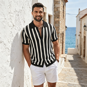 Camisas Polo de Punto a la Moda para Hombre, Rayadas, de Manga Corta, con Botones, Casuales, de Verano, de Algodón Transpirable, Vintage, Clásicas, de Diseñador, Premium - Product Image 5