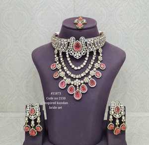 11873Inspired Kundan <b>Bridal</b> <b>Jewelry</b> <b>Set</b> With Emerald Green Doublet Stone And Imitation Pearls For Wedding Women's Classic Style - Product Image 4