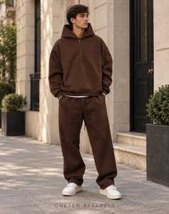 Ensemble décontracté streetwear pour homme, sweat à capuche zippé 2-en-1 et pantalon de survêtement en molleton polyester/coton marron, coupe ample - Product Image 5