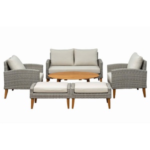 Contemporary PE Rattan <b>Outdoor</b> Patio Set with Teak <b>Table</b> and Olefin Cushions Solid Back Design Tapered Legs - Product Image 1