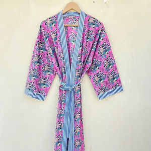 Bata Kimono de Algodón 100% Tejido con Estampado de Bloques y Dibujos Animados Naaz para Mujer, Camisón de Verano Hecho a Mano ODM con Cuello en V y Cintura Elástica Completa - Product Image 1