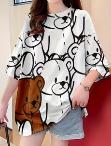 Plus Size Women's <b>Patchwork</b> Anti-Wrinkle O-Neck Pullover Short Sleeve 100% Cotton Casual Summer Knit Tee 380g Digital Printed - Product Image 1