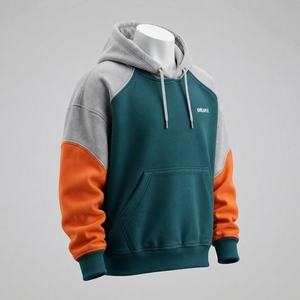 Sudadera con capucha de forro polar para hombre, color verde azulado con bloques de color y mangas naranjas, estilo oversize, streetwear, casual, deportiva, personalizada, al por mayor - Product Image 2