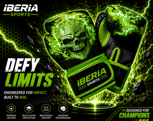 Gants de boxe noirs IBERIA Premium, imprimé crâne vert, gants d'entraînement en cuir PU, logo personnalisé, équipement sportif en gros OEM - Product Image 6