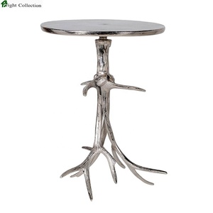 Table basse marocaine en laiton antique, tables basses rondes à 3 pieds, table basse en laiton avec plateau gris - Product Image 5