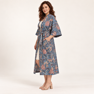 Women's Green Animal <b>Print</b> Knee Length Long Sleeve Casual Wear Drawstring Closure Cotton Block <b>Printed</b> Kimono Style V-neck - Product Image 4