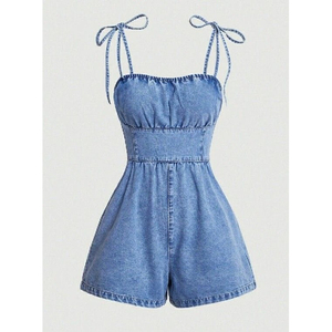 Mono vaquero para mujer sin mangas, de cintura alta, con tirantes, color liso, ajuste holgado informal, por encima de la rodilla, para primavera y verano, estilo urbano. - Product Image 1