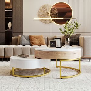 Modern Round Lift-<b>Top</b> Nesting Coffee <b>Tables</b> with 2 Drawers - Product Image 3
