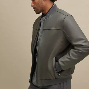 <b>Mens</b> Genuine <b>Leather</b> Double Pocket Jacket Slim Fit <b>Coat</b> Full Zip Stand Collar <b>Long</b> Sleeve Casual Fashion Outerwear Soft Lining - Product Image 2